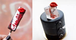 Cruella-themed cake pop and dramatic black cake featuring bold red lips, "Cruella" lettering, and chic fashion illustrations—these eye-catching desserts are must-try new arrivals for fans visiting Disney Springs.