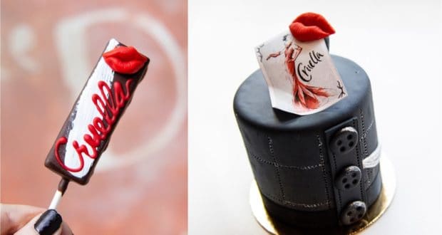 Cruella-themed cake pop and dramatic black cake featuring bold red lips, "Cruella" lettering, and chic fashion illustrations—these eye-catching desserts are must-try new arrivals for fans visiting Disney Springs.