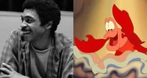 A cheerful guest poses on the left alongside Sebastian, the beloved animated red crab from The Little Mermaid—brought to life by Samuel E. Wright—both radiating joyful energy.