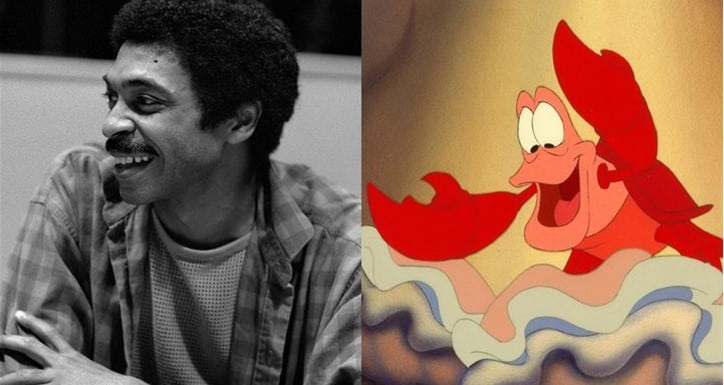 A cheerful guest poses on the left alongside Sebastian, the beloved animated red crab from The Little Mermaid—brought to life by Samuel E. Wright—both radiating joyful energy.