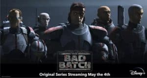 Members of The Bad Batch pose in their signature armor beneath "The Bad Batch" logo, featured above Disney+ streaming details, inviting visitors to experience the Star Wars adventure available on Disney+.