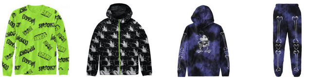 Step into the magic of fall with four vibrant streetwear pieces, featuring jackets, a sweatshirt, and joggers adorned in bold patterns inspired by Disney’s Shriek Peek—perfect for celebrating your love of Disney Parks style.