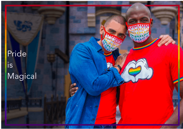 Guests wearing rainbow masks and Pride shirts share an embrace in front of Cinderella Castle at Magic Kingdom; the scene is framed by the words "Pride is Magical," honoring Disney Pride Month.