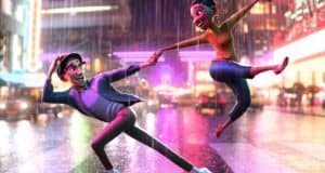 A lively animated couple twirls and dances in the rain under shimmering city lights at night, capturing the magical, uplifting spirit you’d find during a dazzling parade or nighttime spectacular at a Disney park, much like the energy of Disney+’s Us Again.