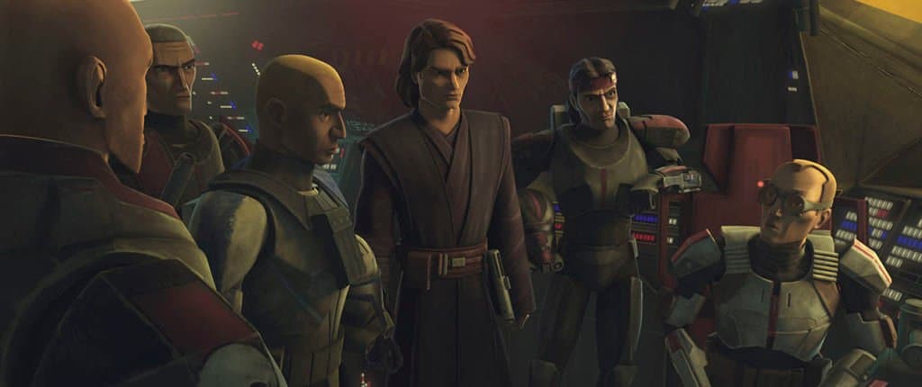 Anakin Skywalker and his squad of clone troopers assemble inside a starship from Star Wars: The Clone Wars, capturing the spirit of teamwork and adventure that fans love at attractions inspired by The Bad Batch, guided by Supervising Director Dave Filoni.