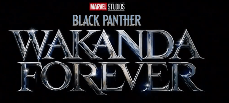 The Black Panther: Wakanda Forever logo shines in metallic silver against a sleek black backdrop, setting an epic tone for Marvel fans ready to experience the bold world of Wakanda in a thrilling theme park adventure.