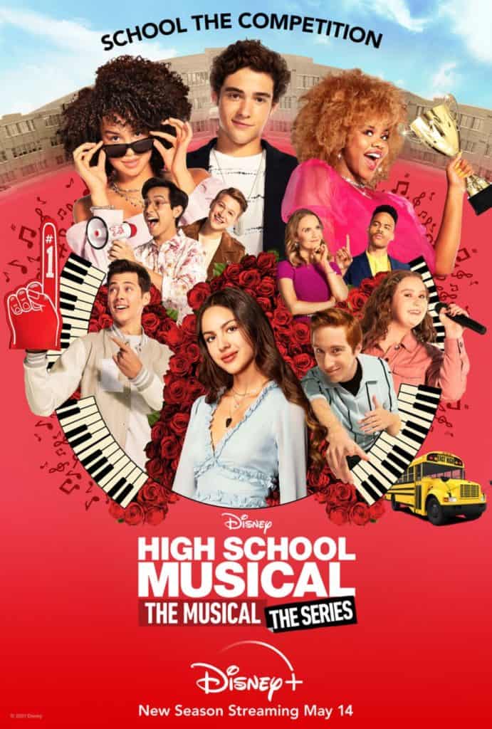 The High School Musical: The Musical: The Series Season 2 cast gathers in a vibrant, performance-ready pose surrounded by school and stage props, capturing the show’s theatrical energy with the Disney+ logo featured prominently below for streaming fans.