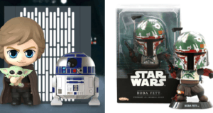 Luke Skywalker with Grogu and R2-D2 as Chibi-style collectibles, joined by a Boba Fett Cosbaby Bobble-Head, all in Star Wars-themed packaging by Hot Toys—perfect for fans visiting the Star Wars section of a theme park or shopping at themed entertainment gift shops.