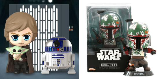 Luke Skywalker with Grogu and R2-D2 as Chibi-style collectibles, joined by a Boba Fett Cosbaby Bobble-Head, all in Star Wars-themed packaging by Hot Toys—perfect for fans visiting the Star Wars section of a theme park or shopping at themed entertainment gift shops.