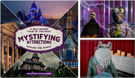 Collage of iconic haunted attractions and Muppets like Kermit and Miss Piggy dressed in spooky Halloween costumes, capturing the lively, whimsical energy of a Disney Haunted Mansion experience on a self-guided tour.