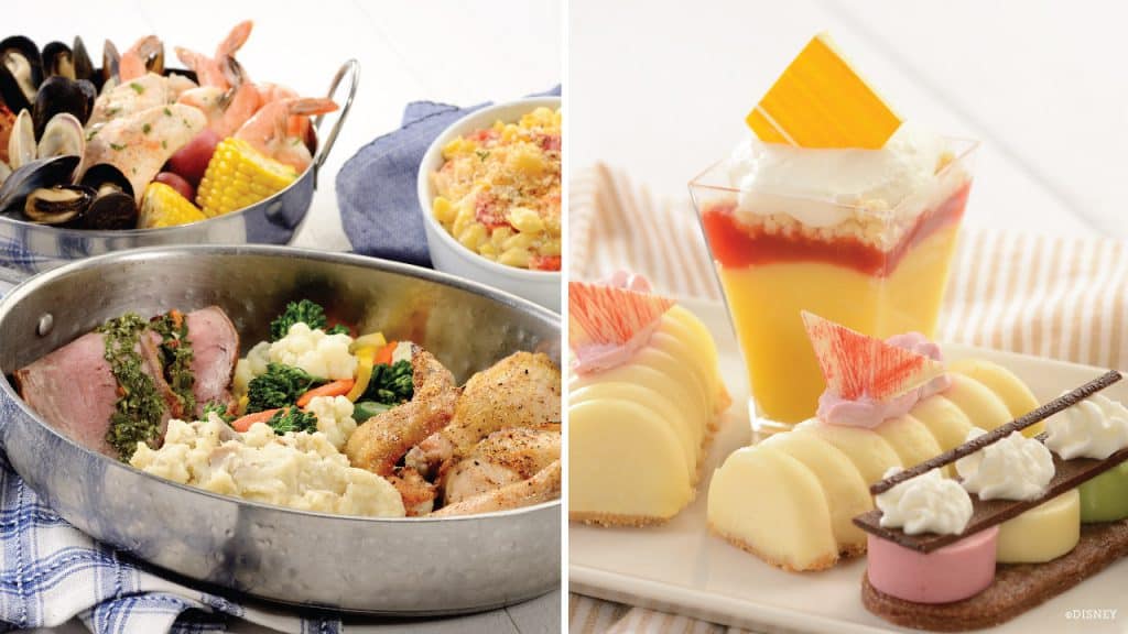 A festive Cape May Café reopening spread at Disney, with a bountiful seafood boil and roasted meats with veggies on one side and a dazzling array of colorful desserts on the other—perfect for guests craving classic boardwalk flavors in a vibrant Disney setting.