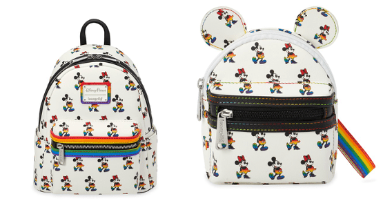 Show your Disney Parks spirit during Pride Month with these two white Disney bags: one is a backpack with playful mouse ears, and the other features rainbow zippers and Mickey Mouse in bold rainbow attire—perfect accessories for a magical day at Disney World or Disneyland.