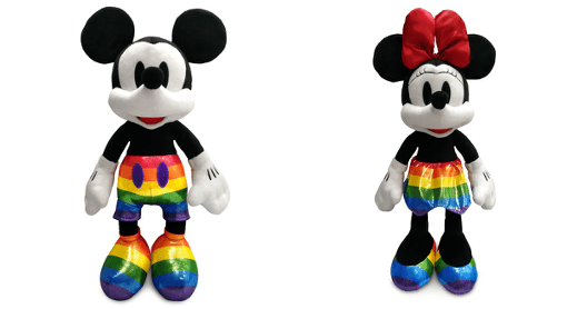 Mickey and Minnie Mouse plush collectibles decked out in dazzling rainbow outfits, showcased together on a bright white background, capturing the festive excitement of Pride Month as seen in Disney Parks celebrations.