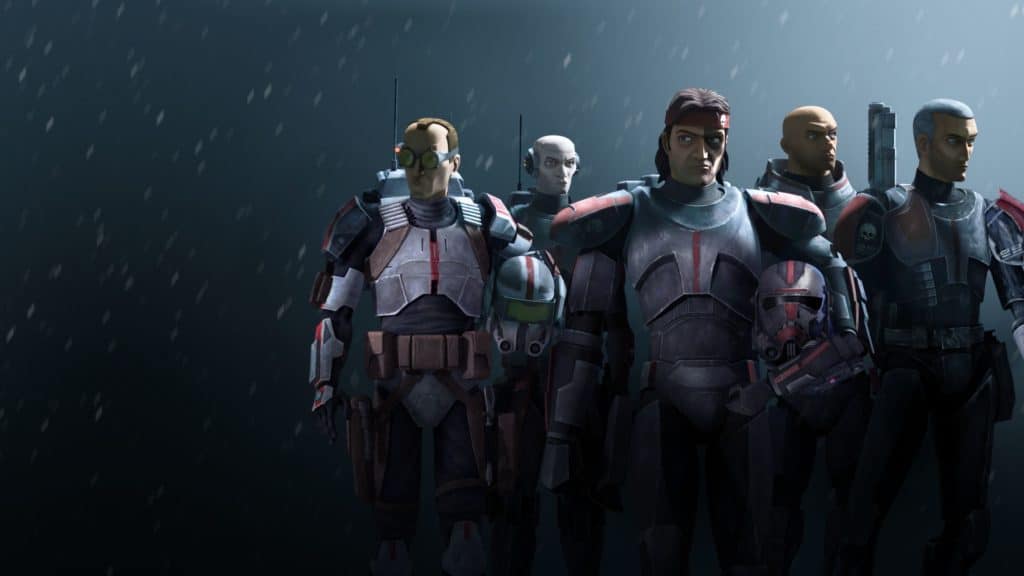 The Bad Batch from Star Wars stand together in their signature armor, illuminated by dramatic rain-soaked lighting, capturing the thrilling teamwork and excitement seen at Disney+ experiences.