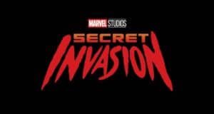 The Marvel Studios Secret Invasion logo in bold red lettering against a sleek black backdrop, capturing the thrilling theme of the hit Marvel series starring Christopher McDonald—perfect for fans visiting Marvel attractions or themed entertainment experiences.