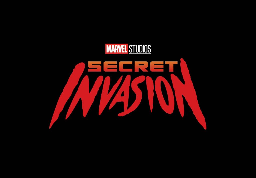 The Marvel Studios Secret Invasion logo in bold red lettering against a sleek black backdrop, capturing the thrilling theme of the hit Marvel series starring Christopher McDonald—perfect for fans visiting Marvel attractions or themed entertainment experiences.
