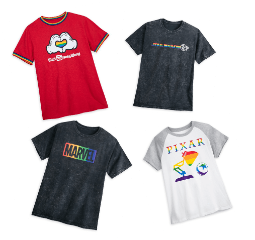 Four graphic T-shirts inspired by favorite entertainment universes—Mario from Nintendo, Star Wars, Marvel superheroes, and Pixar—displayed on a white background. Each tee showcases vibrant colors and inclusive designs perfect for celebrating Pixar Pride Month, capturing the excitement of theme park adventures and beloved characters.