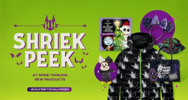Disney Parks Halloween merchandise on display: themed jacket, headband with Mickey ears, coordinating bag, collectible book, and signature mouse ears arranged against a green backdrop with promotional graphics—showcasing the new Disney's Shriek Peek collection for fans and park-goers.