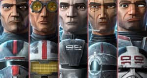 Clone troopers in vibrant animated armor, each showcasing unique helmets and expressions, line up together in a style reminiscent of your favorite Disney+ adventures, ready for action like characters come to life at Star Wars: Galaxy’s Edge.