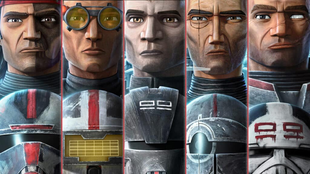 Clone troopers in vibrant animated armor, each showcasing unique helmets and expressions, line up together in a style reminiscent of your favorite Disney+ adventures, ready for action like characters come to life at Star Wars: Galaxy’s Edge.