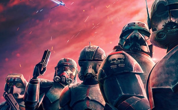 Meet the Bad Batch at Disney Parks: five armored clone troopers pose under a dramatic red sky, with one giving a playful two-finger salute—capturing all the thrilling Star Wars energy fans love from The Bad Batch experience.