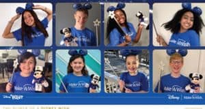 Eight excited kids wearing blue Make-A-Wish shirts and Minnie Mouse ears gather together, holding Disney toys and wands as they celebrate World Wish Day, supported by the Walt Disney Company’s signature magic.