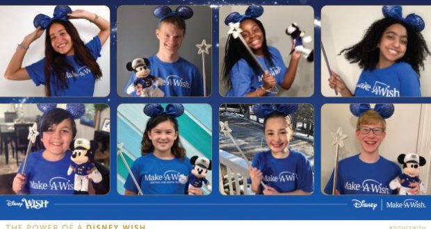 Eight excited kids wearing blue Make-A-Wish shirts and Minnie Mouse ears gather together, holding Disney toys and wands as they celebrate World Wish Day, supported by the Walt Disney Company’s signature magic.