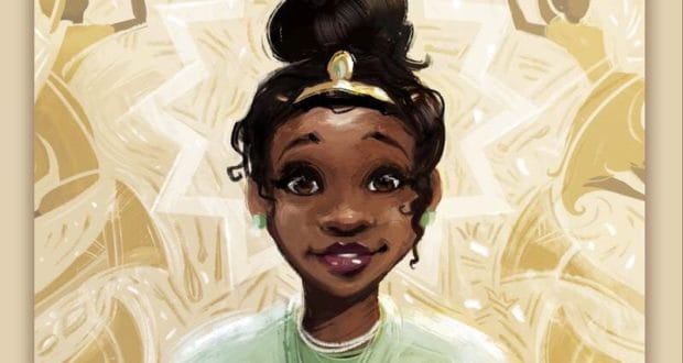 Princess Tiana beams with joy in her signature green dress and sparkling tiara, set against a shimmering gold patterned backdrop. This lively artwork celebrates the magic and spirit that fans love in Disney Parks experiences—an irresistible choice for Juneteenth festivities or as a highlight among Disney+ favorites.
