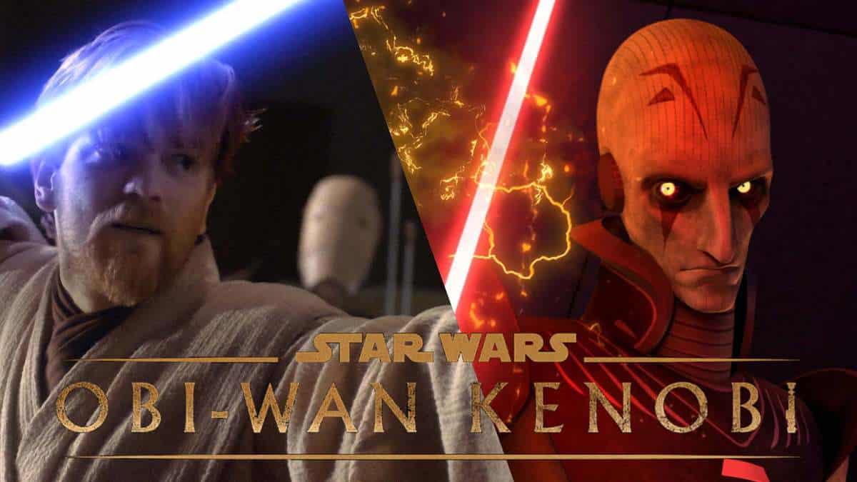 Obi-Wan Kenobi wields his iconic blue lightsaber in a dramatic showdown with an Inquisitor’s red blade, capturing the thrilling Star Wars action that fans can experience at Disney Parks; golden "Star Wars: Obi-Wan Kenobi" text announces the highly anticipated series.