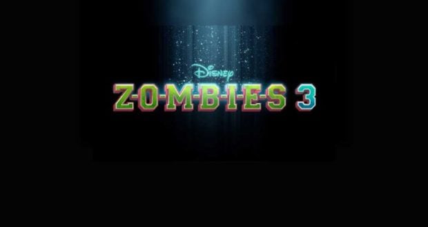 The Disney Zombies 3 logo shines with electrifying, glowing lettering and sparkling blue effects against a dark backdrop, echoing the vibrant energy of Disney Parks nighttime spectaculars and inviting fans to experience all the thrills of their favorite movie magic.