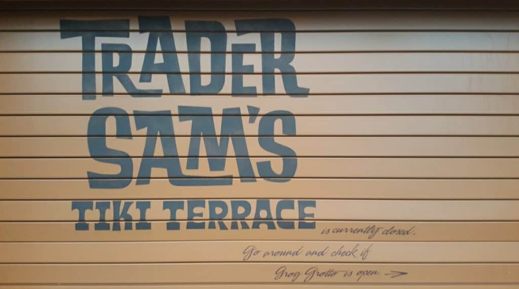 Trader Sam’s Tiki Terrace is temporarily closed. While you’re enjoying Disney World, swing by Trader Sam’s Grog Grotto to see if it’s open for your next adventure.