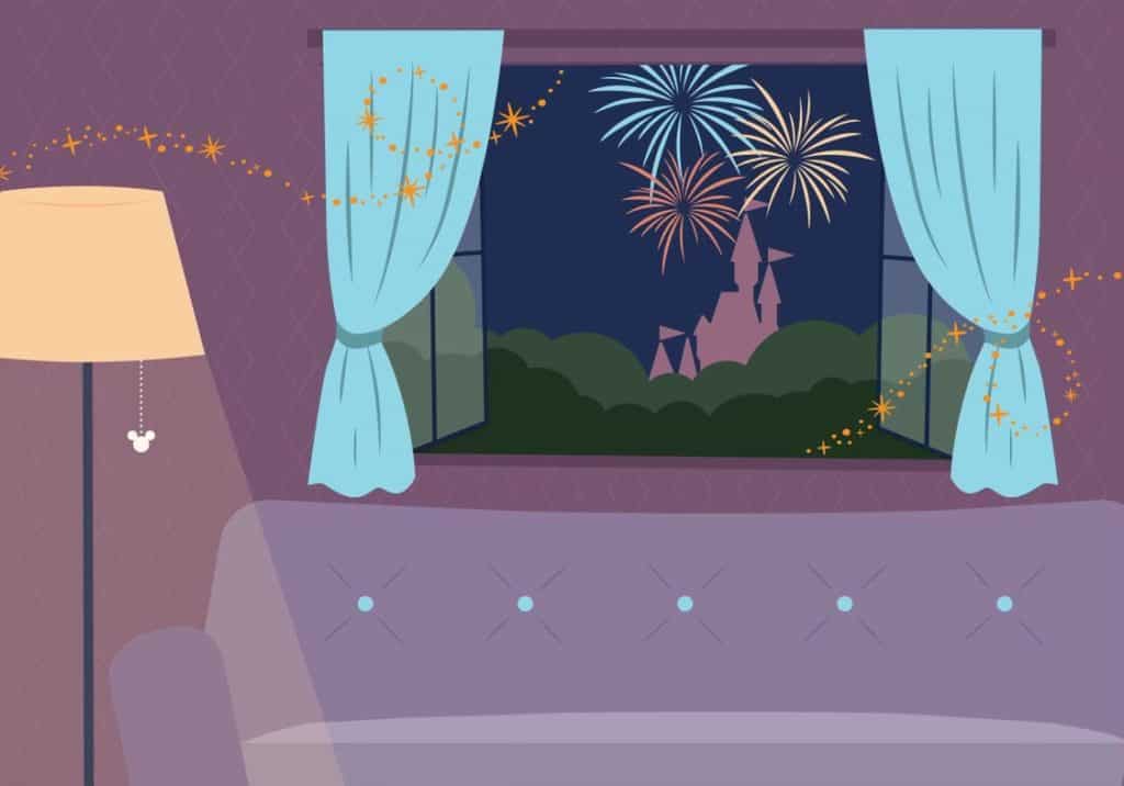 A Disney-themed living room features a window framing Cinderella Castle at Magic Kingdom, blue curtains, and a comfy sofa—the perfect spot to catch exclusive Happily Ever After fireworks testing lighting up the night sky just outside.
