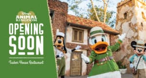 Donald Duck dressed for adventure teams up with Goofy and Mickey Mouse outside Tusker House at Disney’s Animal Kingdom, all smiles beside an “opening soon” sign as excited fans gather, counting down the days until the restaurant’s highly anticipated return.