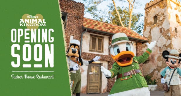 Donald Duck dressed for adventure teams up with Goofy and Mickey Mouse outside Tusker House at Disney’s Animal Kingdom, all smiles beside an “opening soon” sign as excited fans gather, counting down the days until the restaurant’s highly anticipated return.