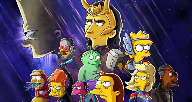 Simpsons characters appear as Marvel superheroes against a dazzling cosmic backdrop, with Bart’s face looming playfully behind them. Look for fun nods to Loki and Disney+ throughout this dynamic entertainment-inspired scene.