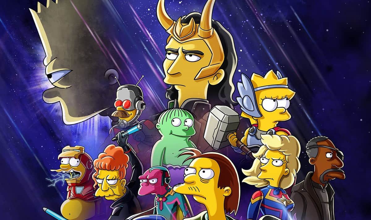 Simpsons characters appear as Marvel superheroes against a dazzling cosmic backdrop, with Bart’s face looming playfully behind them. Look for fun nods to Loki and Disney+ throughout this dynamic entertainment-inspired scene.