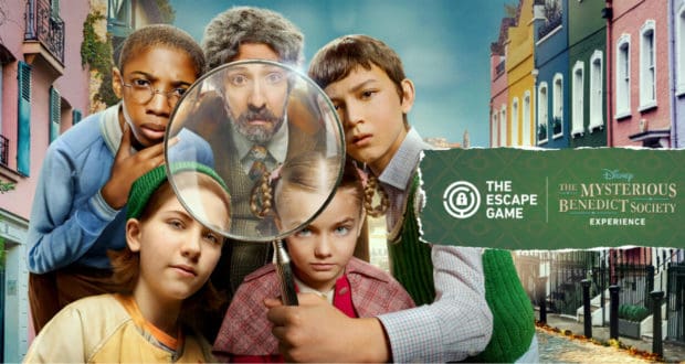 Four adventurous kids, channeling the energy of The Mysterious Benedict Society, use a giant magnifying glass to investigate a man’s face against a backdrop of whimsical, colorful houses—evoking the thrilling spirit and puzzle-solving excitement you’d find in an immersive theme park escape room experience.
