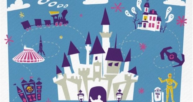 A whimsical Disney castle takes center stage, surrounded by playful icons of a train, haunted mansion, adventurous pirates’ ship, classic robots, and soaring rocket—all set against a vibrant blue background to capture the imagination and adventure of Disney+ Original series like Behind the Attraction for fans of theme parks and immersive entertainment.