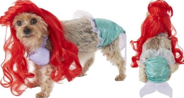 A playful pup at a Disney theme park dons a vibrant red wig and sparkling mermaid tail inspired by beloved Disney Princesses. Captured from both side and back angles, this whimsical Disney Dog Costume is sure to delight fans strolling Main Street or enjoying themed entertainment events.