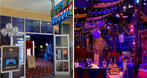 Left: Vibrant arcade entrance at Disney World, adorned with a lively sign and festive balloons, inviting guests inside for classic gaming fun. Right: Lively indoor area at Walt Disney World, where visitors gather under sparkling string lights to soak in the colorful atmosphere.