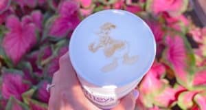 Celebrate Donald Duck’s big day at Disney Springs with a delicious Joffrey’s latte featuring Donald Duck latte art, held up against a dreamy backdrop of blurred pink leaves.