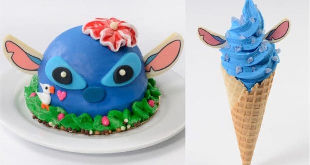 Stitch-inspired cake topped with a flower, big blue ears, and a playful yellow duck, served alongside whimsical blue ice cream in a cone with pink Stitch ears—special treats exclusively at Disney’s Polynesian Village Resort for a limited time.