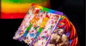 A vibrant slice of Rainbow Crunch Cake, loaded with colorful sprinkles and crunchy toppings, pops against a dark backdrop—an Instagram-worthy dessert straight from Disney Springs, perfect for theme park-goers looking to sample sweet magic between attractions.