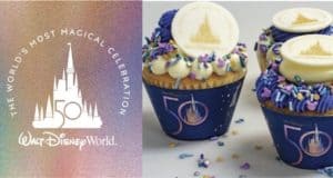 Walt Disney World 50th Anniversary logo alongside celebration cupcakes topped with shimmering purple frosting, colorful sprinkles, and elegant white chocolate accents, perfect for park guests enjoying the festivities.