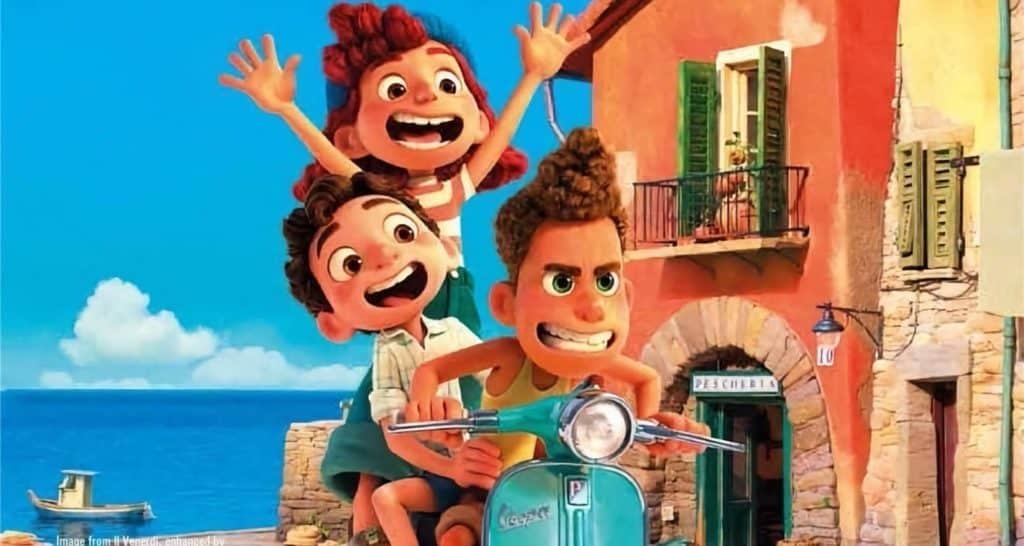 Three animated kids zoom along the seaside on a scooter, grinning with excitement in front of vibrant coastal buildings—capturing the lively, heartwarming spirit found in Pixar’s Luca, much like the memorable adventures you’d find at a Disney or Pixar-themed attraction celebrated for its colorful storytelling and imaginative worlds.