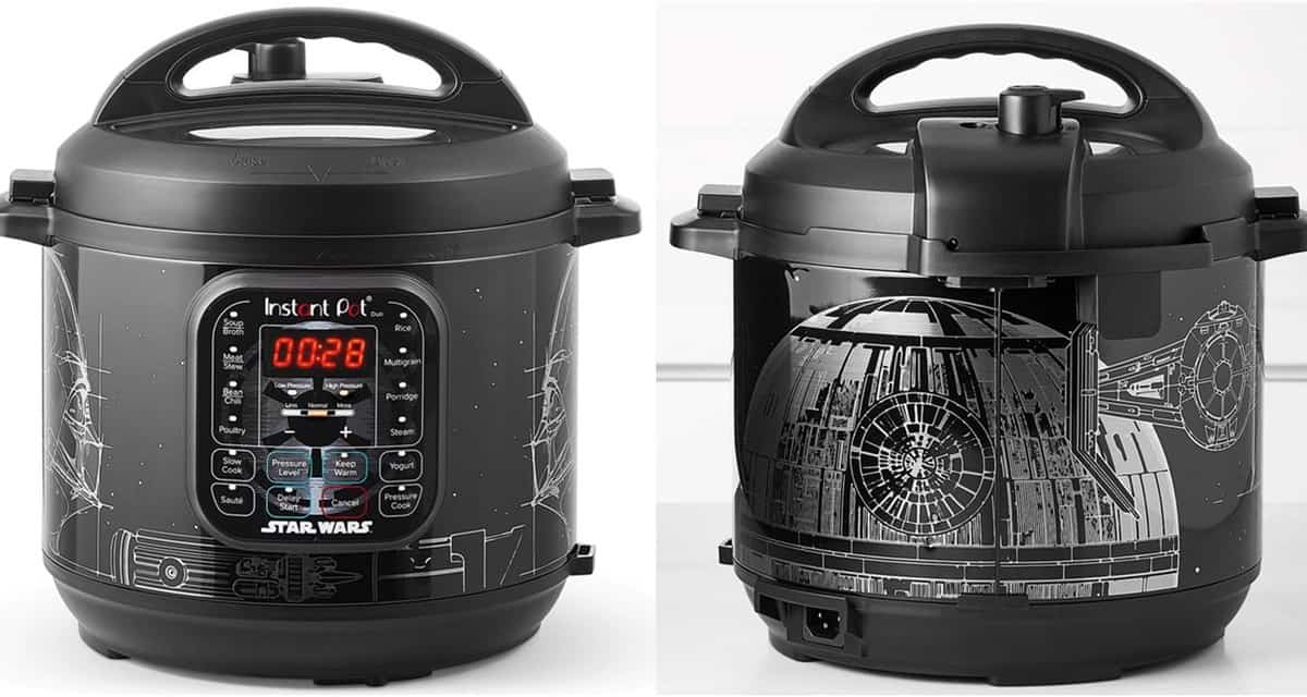 The Star Wars Death Star Instant Pot Pressure Cooker, designed for fans at Galaxy’s Edge, displayed front and back against a white background.