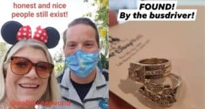 Guest beaming with Minnie Mouse ears alongside a Walt Disney World bus driver; lost rings displayed on paper in the foreground; story highlights the Cast Member's integrity for reuniting a guest with their missing rings, celebrated by appreciative text.