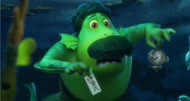 A lively green sea monster, reminiscent of Disney and Pixar’s Luca, surprises guests underwater while showcasing a snapshot and a clock—an unforgettable photo op that brings the whimsical magic of a Pixar water adventure to life for fans at the park.