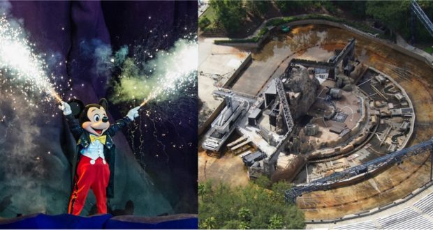 Mickey Mouse lights up the night sky with spectacular fireworks in a show-stopping moment inspired by Disney’s legendary Nighttime Spectaculars; nearby, an aerial view captures an empty stage under construction, building excitement for the highly anticipated return of Fantasmic at Disney World.