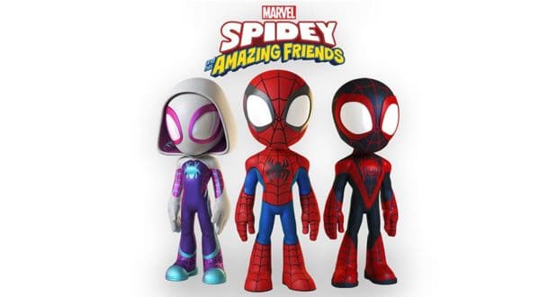 Spidey, Ghost-Spider, and Spin welcome fans beneath the vibrant "Spidey and His Amazing Friends" logo, set against a crisp white background that channels the excitement of Marvel-themed attractions.
